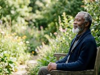 Senior African American man with gray beard sitting on wooden bench in lush garden setting, wearing navy cardigan. Suitable for wellness, retirement, contemplation, and lifestyle editorial use.