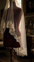 Elegant burgundy velvet dress with delicate lace veil draped over vintage wooden mannequin in atmospheric antique interior setting for bridal fashion design.