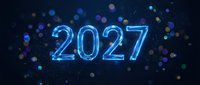Glowing blue neon 2027 numbers on dark background with colorful bokeh lights for New Year celebration and future technology concepts.