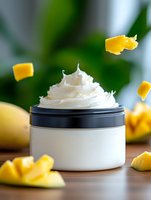 Creamy white body butter or moisturizer in cosmetic jar with flying fresh mango pieces against green background, natural skincare product photography.