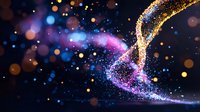 Magical glowing trail of golden and purple stardust with sparkling particles against dark background, creating ethereal light effect for fantasy designs.