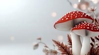 Red and white spotted mushrooms with autumn leaves in soft dreamy light, magical forest scene with bokeh effect and delicate nature details in muted tones.