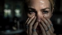 Emotional portrait of blonde woman crying with tears streaming down face, hands covering mouth, wearing multiple rings, against dark background.
