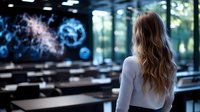 Young woman with long wavy blonde hair wearing white sweater stands in empty classroom facing blackboard with glowing mathematical formulas, back view. Educational concept.