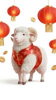 White sheep wearing red festive vest surrounded by red lanterns and gold coins on white background, isolated for holiday design projects.