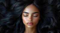 Young African American woman with closed eyes and flowing black wavy hair spread out against dark background, showcasing natural beauty and peaceful expression.