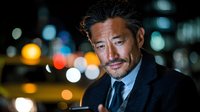 Middle-aged Asian businessman in suit with beard standing against blurred city lights at night for corporate and professional marketing materials.