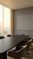 Modern conference room with dark oval table, upholstered chairs, and floor-to-ceiling windows flooding space with natural light. Blank wall mockup for corporate branding and business presentations.