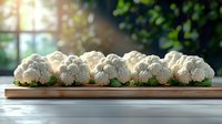 Fresh whole cauliflower heads arranged on wooden cutting board with natural sunlight through window, green leaves visible, raw organic vegetables for cooking.