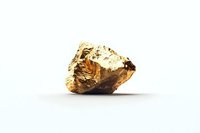 Raw gold nugget mineral specimen on white background, showing natural crystalline structure and metallic luster. Isolated object for luxury and wealth concepts.