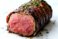 Juicy medium rare beef tenderloin wrapped in crispy bacon, garnished with fresh herbs and seasonings on white background, close up view of sliced meat.
