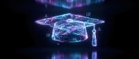 Digital graduation cap with glowing neon wireframe design and holographic elements on dark background for education technology concepts.