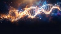 Glowing DNA double helix strand with golden light particles on dark cosmic background, symbolizing genetics, biotechnology, and scientific research.