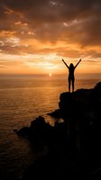 Silhouette of woman with raised arms celebrating freedom on cliff overlooking ocean at golden sunset with dramatic clouds for motivation and success concepts.