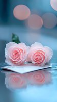 Delicate pink roses with water droplets resting on white envelope against soft blue bokeh background, perfect for romantic greeting cards.