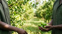 Farmer holding fresh green limes in hands during harvest season outdoors in orchard garden. Agricultural produce.