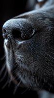 Extreme close-up macro shot of wet black dog nose with detailed texture and whiskers on dark background, highlighting natural moisture and sensory organ structure.
