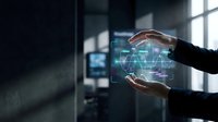 Hands holding digital holographic stock market chart with upward trending graph in modern office environment with windows and blurred background.