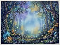Enchanted forest clearing with ancient twisted trees, glowing magical lights, and mystical atmosphere in soft watercolor style for fantasy and storybook illustrations.