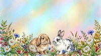 Cute brown and white rabbits surrounded by wildflowers and green plants in a soft pastel garden setting. Isolated clipart suitable for children's designs, nursery decor, greeting cards, and fabric prints.