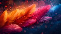 Vibrant feather macro with orange, pink and purple gradient colors against dark cosmic background with glowing particles and bokeh light effects.