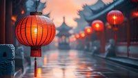 Traditional red Chinese lanterns illuminated at dusk along wet street with pagoda silhouettes, creating atmospheric reflections in rain. Moody oriental scene.