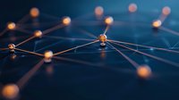 Glowing orange nodes connected by blue lines create futuristic network visualization on dark background, representing digital connectivity and data exchange.