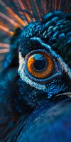 Extreme macro photography of exotic bird eye with vibrant blue feathers and amber iris, showing intricate detail and texture in dramatic lighting.
