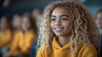 Young mixed race woman with curly blonde hair wearing yellow hoodie smiling confidently at camera, with blurred people in background. Natural authentic portrait.