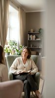 Mature Caucasian woman reading book in cozy living room chair by window with plants and natural light for relaxation and leisure lifestyle.