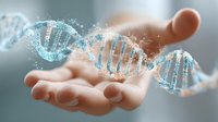 Digital DNA helix floating above open palm, representing genetic research, biotechnology, and medical innovation in genomics science.