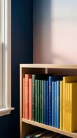 Colorful books arranged by color on wooden bookshelf creating rainbow pattern in modern interior with natural window light for home library organization.