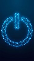 Glowing blue polygonal power button symbol with geometric wireframe design on dark background for technology and digital interface concepts.