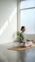 Young Asian woman practicing meditation in lotus position on yoga mat by large window with natural sunlight and green plant in minimalist modern interior.