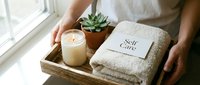 Hands holding a wooden tray with a lit candle, folded towel, succulent plant, and self care card for wellness and spa concepts.