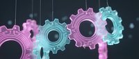 Neon glowing gears in pink and cyan suspended on strings against dark background, representing technology, automation, and industrial processes for web and digital design.