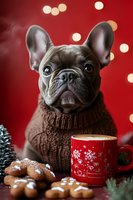 French bulldog in brown knitted sweater with red coffee cup and gingerbread cookies against festive red background with bokeh lights and Christmas decorations.