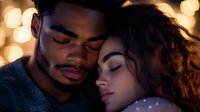 Young African American couple in intimate romantic moment with eyes closed against blurred bokeh lights, creating dreamy atmospheric nighttime scene.