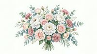 Watercolor wedding bouquet with pink and white roses, eucalyptus leaves on transparent background. Floral arrangement for bridal design, invitations, cards.