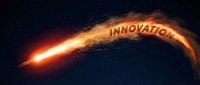 Glowing comet with innovation text trail streaking across dark space, symbolizing breakthrough ideas, forward thinking, and disruptive technology advancement.