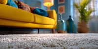 Cozy living room interior with bright yellow sofa, blue wall, decorative vases, and soft carpet creating warm home atmosphere.