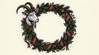 Goat head with curved horns framed by festive wreath of evergreen branches, pinecones, berries and red ribbons on cream background, isolated for holiday design projects.