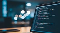 Software developer programming code on laptop screen in modern office environment with blurred city lights background for technology projects.