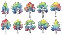 Watercolor tree collection with vibrant foliage in rainbow colors isolated on white background for nature design projects and seasonal artwork.