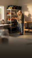 Senior Caucasian man organizing preserved food jars in modern pantry storage room with metal shelving and warm natural lighting for home preparation.
