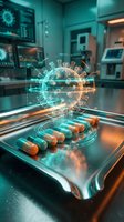 Virus hologram with capsules on laboratory table in futuristic medical research facility with glowing screens and advanced technology equipment.