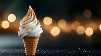 Soft serve vanilla ice cream cone with golden sprinkles against dark background with glowing bokeh lights creating magical dessert atmosphere.