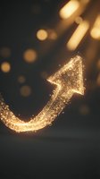 Golden sparkling arrow pointing upward with glittering particles and bokeh lights on dark background for business growth and success concepts.