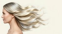 Blonde woman with long flowing hair in profile against neutral background, suitable for beauty, haircare, and wellness design projects.