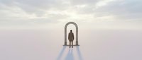 Silhouette of person standing in futuristic archway portal on minimalist white surface under soft cloudy sky representing new beginnings and opportunities.